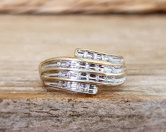 Estate Diamond Round and Baguette Wide Band Bypass Ring in Yellow Gold