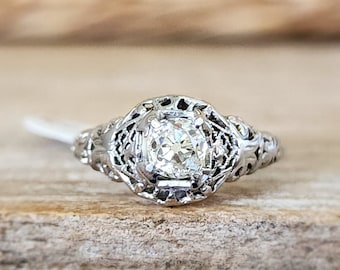 Antique Engagement Ring | Old Mine Diamond in 18k White Gold | Art Deco Engagement Ring with Grading Certificate