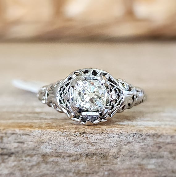 Antique Engagement Ring | Old Mine Diamond in 18k White Gold | Art Deco Engagement Ring with Grading Certificate
