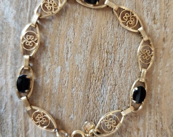 Vintage Gold Filled Fancy Link Onyx Bracelet | Gold-filled Bracelet | Onyx | Binder Bros