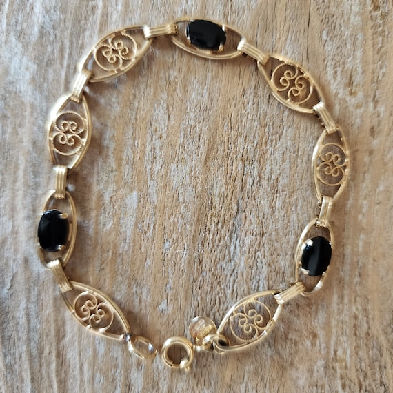 Vintage Gold Filled Fancy Link Onyx Bracelet | Gol