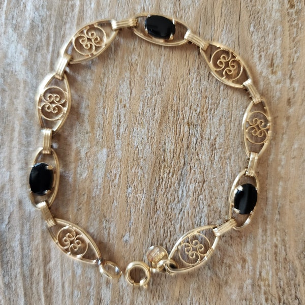 Vintage Gold Filled Fancy Link Onyx Bracelet | Gold-filled Bracelet | Onyx | Binder Bros