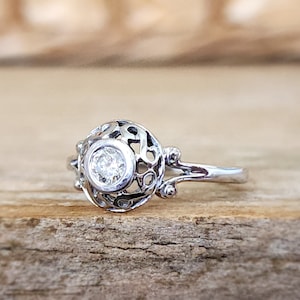 Vintage Diamond Bezel Scroll Design Engagement Ring 14k White Gold
