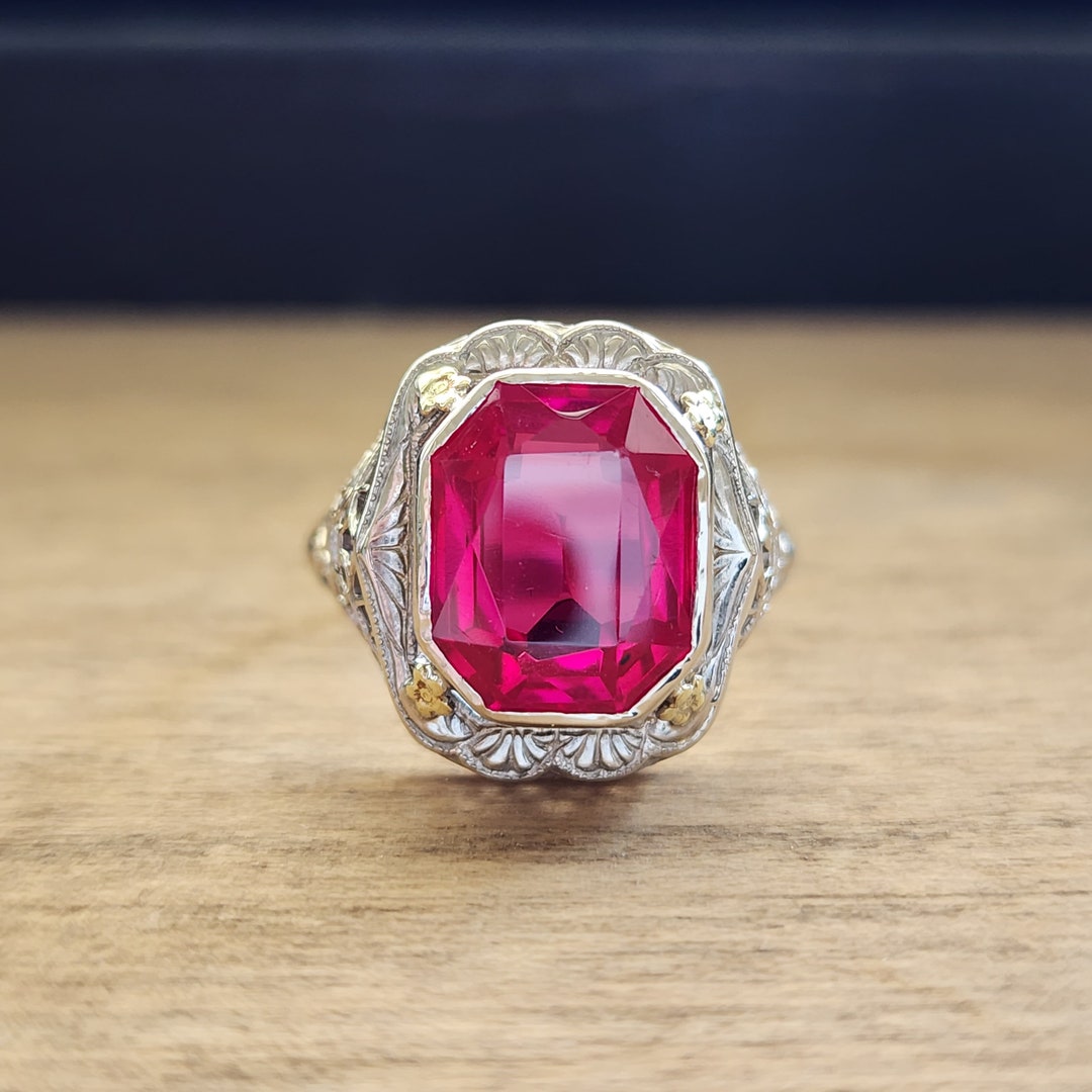 Vintage Art Deco Ruby Ring in White Gold Antique Large 5 Etsy