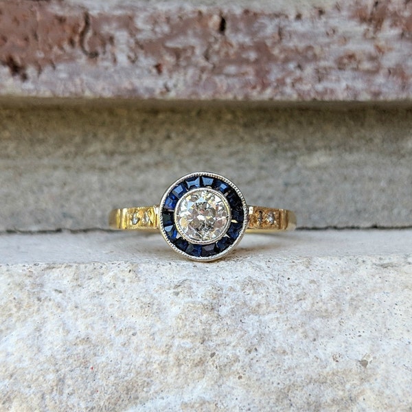 Antique Art Deco Transitional Cut Diamond Sapphire Halo Engagement Ring in Yellow Gold