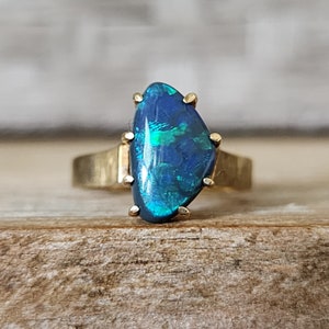 Vintage Estate Australian Black Opal Ring in 18k Satin Yellow Gold | Unique Statement Ring
