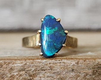 Vintage Estate Australian Black Opal Ring in 18k Satin Yellow Gold | Unique Statement Ring