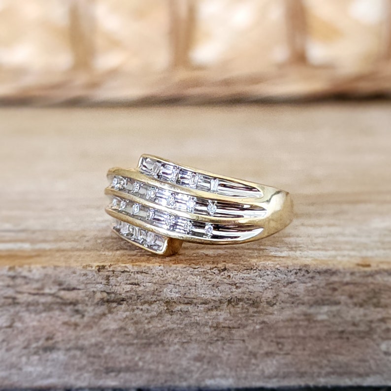 Estate Diamond Round and Baguette Wide Band Bypass Ring in Yellow Gold image 2