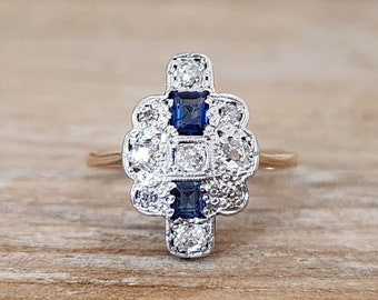 Antique Edwardian Diamond Sapphire Custer Ring in Yellow Gold and Platinum
