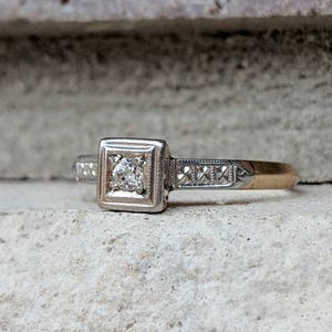 Vintage Antique Art Deco Diamond Engagement Ring in 14k Yellow Gold and Palladium Antique Promise Ring image 3