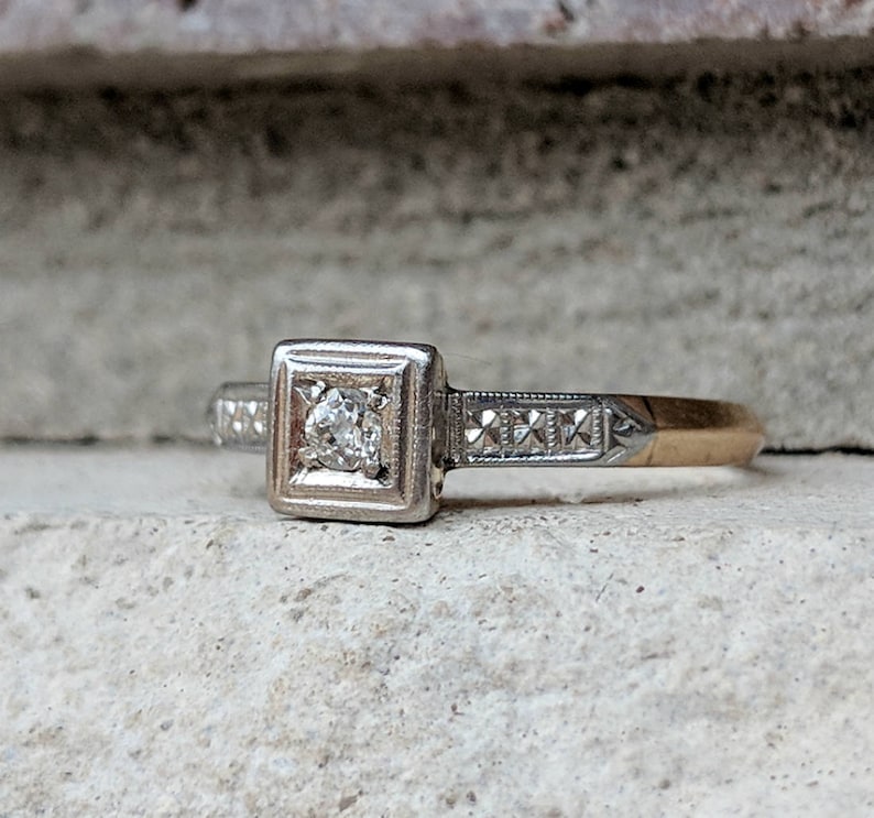 Vintage Antique Art Deco Diamond Engagement Ring in 14k Yellow Gold and Palladium Antique Promise Ring image 3