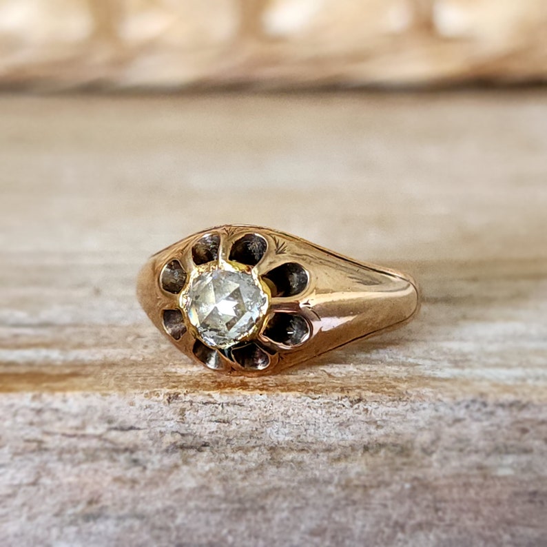 Antique Victorian Rose Cut Diamond Engagement Ring Victorian Belcher Gray Diamond Ring in 18k Gold image 2