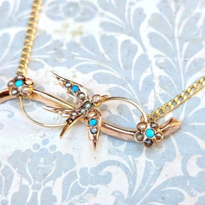 Antique 1900 Art Nouveau Turquoise & Seed Pearl Bird Necklace Brooch Conversion in Yellow Gold Dated 1900 image 4