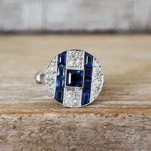 Art Deco Sapphire Diamond Ring in Platinum and 18k | Antique Statement Ring | Target Ring | Vintage Engagement Ring