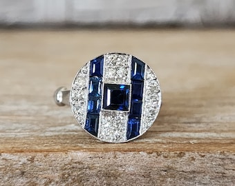 Art Deco Sapphire Diamond Ring in Platinum and 18k | Antique Statement Ring | Target Ring | Vintage Engagement Ring