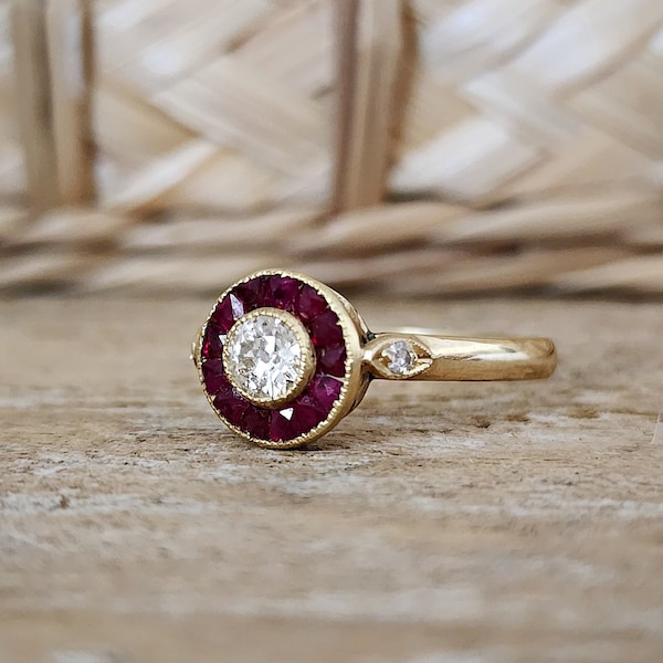 Antique Edwardian Old Mine Diamond Ruby Halo Engagement Ring | Vintage Ruby Target Ring in 18k Gold