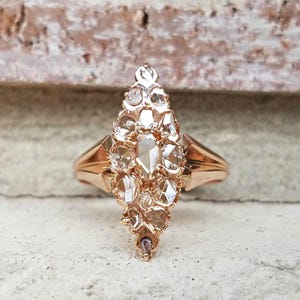 Antique Victorian Rose Cut Diamond Ring | Marquise Cluster Diamond Ring | 18k Rose Gold Engagement Ring