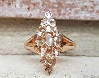 Antique Victorian Rose Cut Diamond Ring | Marquise Cluster Diamond Ring | 18k Rose Gold Engagement Ring