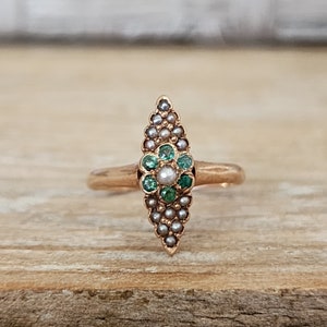 Antique Victorian Emerald Seed Pearl Navette Ring | Petite Shield Panel Ring in Rose Gold