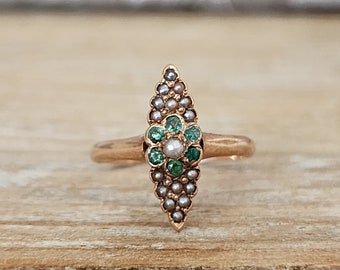 Antique Victorian Emerald Seed Pearl Navette Ring | Petite Shield Panel Ring in Rose Gold