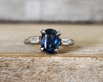 Vintage Engagement Ring | Blue Sapphire Baguette Diamond Ring in Platinum | Genuine Sapphire