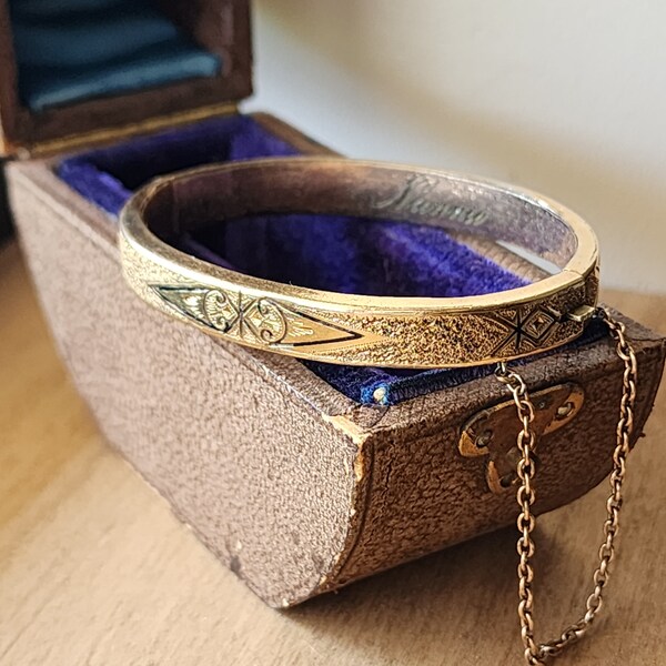 Vintage Gold Filled Etched Enamel Bangle Bracelet \ Mourning Bracelet