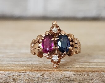 Antique Victorian Sapphire Ruby Diamond  Ring in Yellow Gold