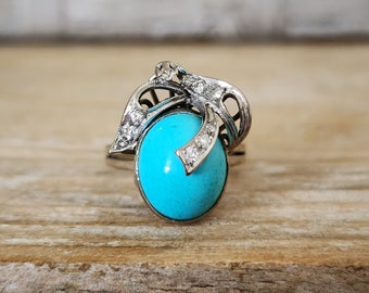 Antique Turquoise and Diamond Bow Ring in Palladium | Turquoise Statement Ring | Turquois