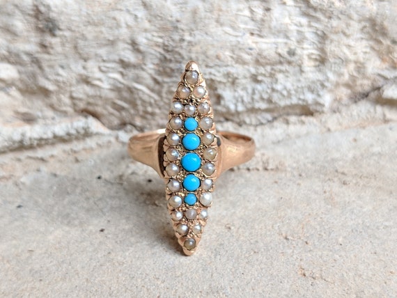 Antique Victorian Turquoise Seed Pearl Navette Ri… - image 2