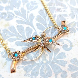 Antique 1900 Art Nouveau Turquoise & Seed Pearl Bird Necklace Brooch Conversion in Yellow Gold Dated 1900 image 5