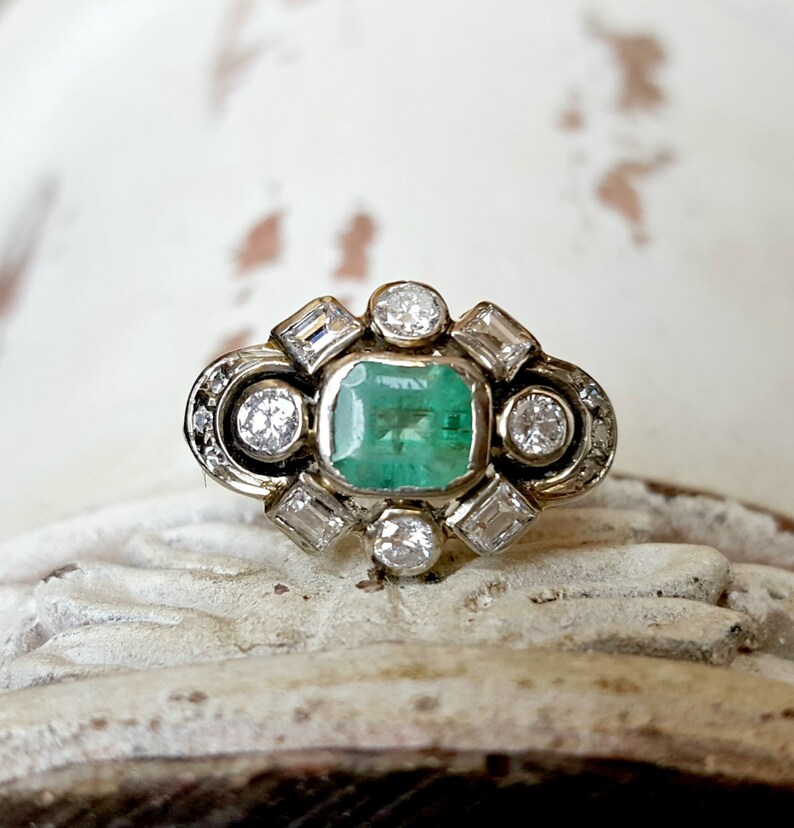 Vintage Antique Art Deco Emerald and Diamond Ring in 14k White Etsy