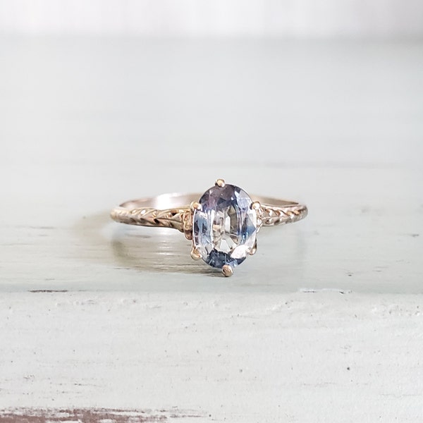 Cornflower Lavender Blue Sapphire Engagement Ring in White Gold | Art Deco Style Oval Sapphire Ring | September Birthstone