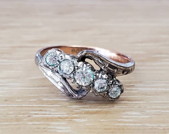 Antique Paste Crystal Ring | 5 Stone Band Ring | Art Deco Estate Ring in 9k Rose Gold