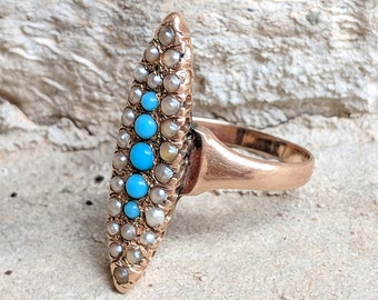 Antique Victorian Turquoise Seed Pearl Navette Ring | Shield Panel Ring in Rose Gold