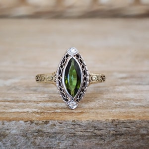 Antique Tourmaline and Diamond Navette Marquise Ring in 14k Yellow and White Gold October Birthstone image 1