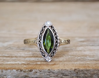 Antique Tourmaline and Diamond Navette Marquise Ring in 14k Yellow and White Gold | October Birthstone
