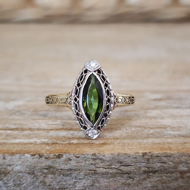 Antique Tourmaline and Diamond Navette Marquise Ring in 14k Yellow and White Gold October Birthstone image 1