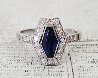 Vintage Engagement Ring | Art Deco Fancy Cut Sapphire and Diamond Halo Ring in Platinum | Antique Halo Engagement Ring | Fancy Cut