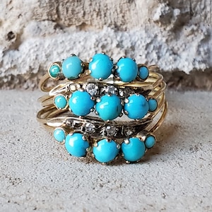 Antique Victorian Harem Ring with Turquoise and Clear Paste  | Vintage Stacking Band Ring in 10k Gold
