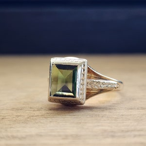 Vintage Green Tourmaline Ring in 14k Yellow and White Gold | Unique Alternative Art Deco Engagement Ring