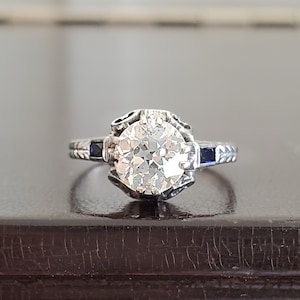 Antique Engagement Ring | Art Deco Engagement Ring | Old European Diamond Ring with Sapphire in 18k White Gold by BELAIS