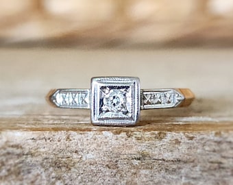 Vintage Antique Art Deco Diamond Engagement Ring in 14k Yellow Gold and Palladium | Antique Promise Ring