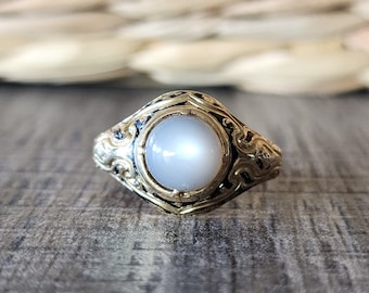 Antique 1846 Victorian Moonstone Cabochon Ring with Black Enamel in 18k Yellow Gold | Mourning Ring | Memorial Jewelry
