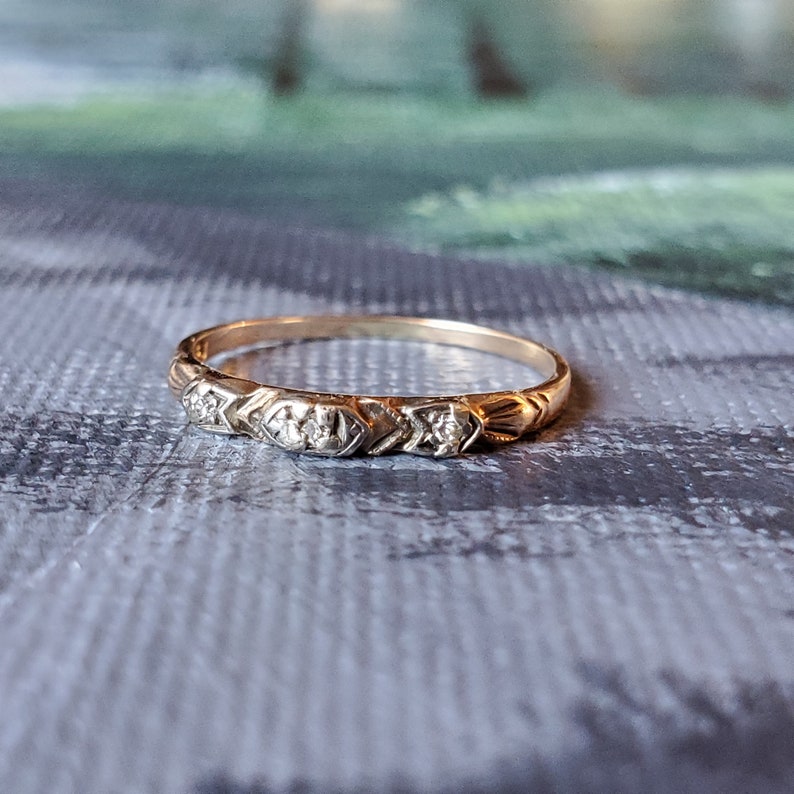 Art Deco Band Ring Midi ring Vintage Diamond Wedding Band Ring in Yellow Gold Pinky Ring Stacking Band