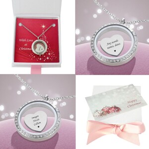 Memory Locket mit personalisierten Charme, Geschenk verpackt für Weihnachten. Floating Heart Charm, Gravur.
