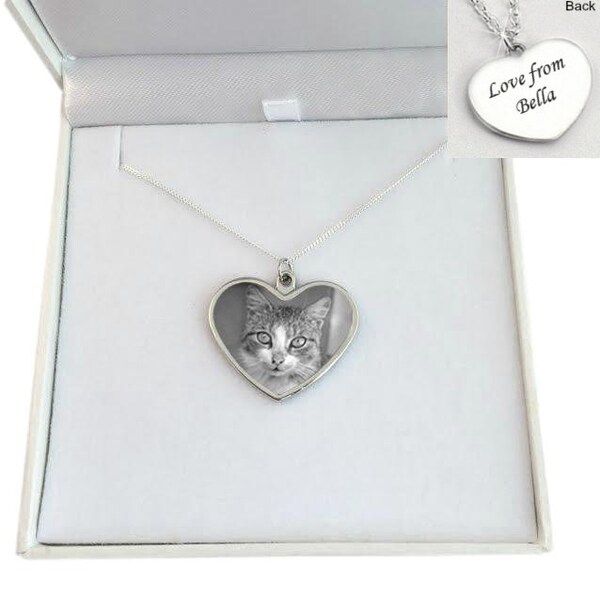 Collier photo commémoratif personnalisé pour perte d’animaux de compagnie avec pendentif cœur, chaîne en argent sterling