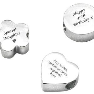 Engraved Charm Bead, Heart, Flower or Round, Personalised Engraving