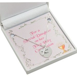 Collier de première communion en argent sterling personnalisé avec coeur gravé, coffret cadeau avec carte pour filleule, soeur, etc.