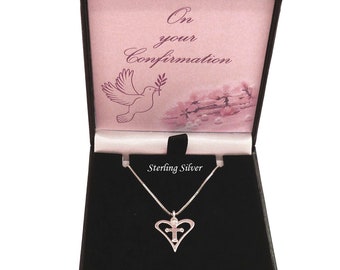 Girls Confirmation Gift, 925 Sterling Silver Cross and Heart Necklace. Suitable for Women too.