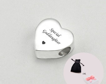Engraved Special Goddaughter Bead for Snake chains. Heart Charm Bead.